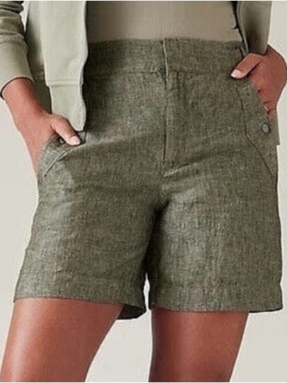 Athleta Voyager Linen Shorts Olive Green Cargo Side Tab Button Size 12